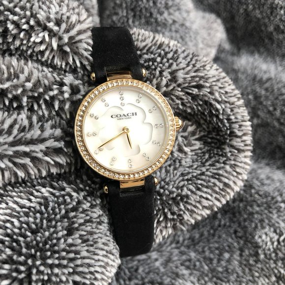 COACH Park Petite Watch Gold Stainless Steel Black Suede Strap Buckle Adjustable - Picture 1 of 8
